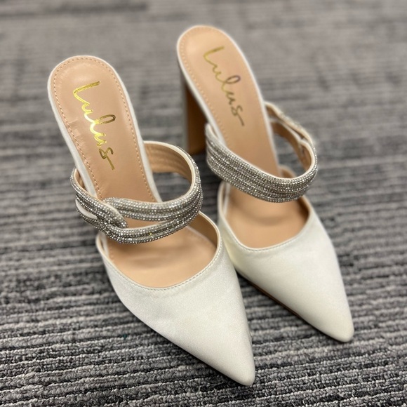 Celines White Satin Rhinestone Pointed-Toe Mule Pumps - Picture 4 of 6